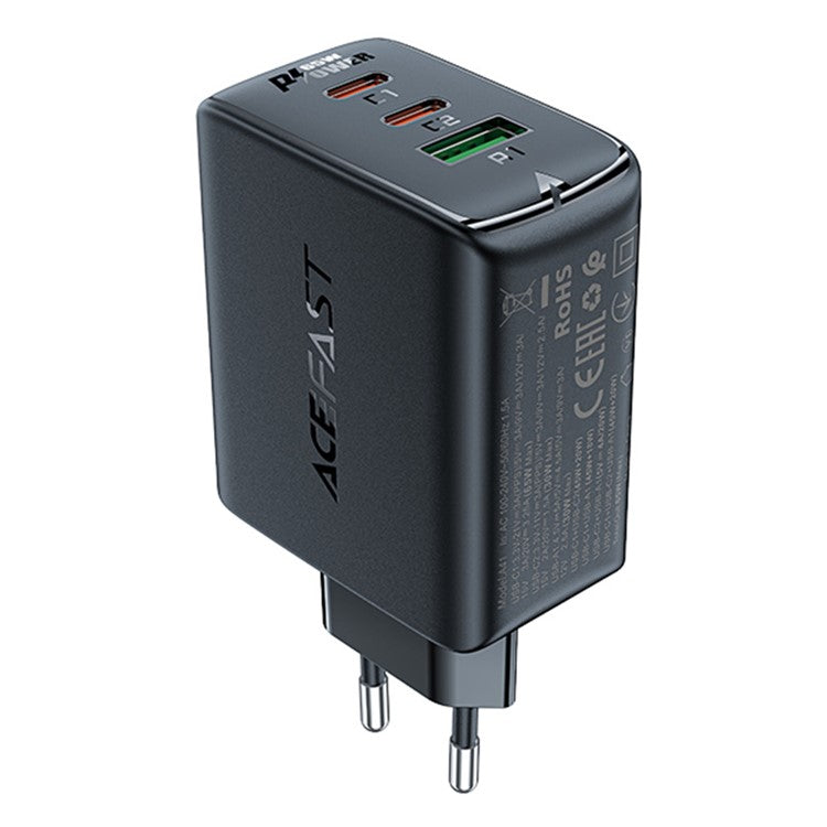 ACEFAST A41 PD 65W GaN Wall Charger 2 Type-C + 1 USB-A Phone Charging Adapter, EU Plug - Black