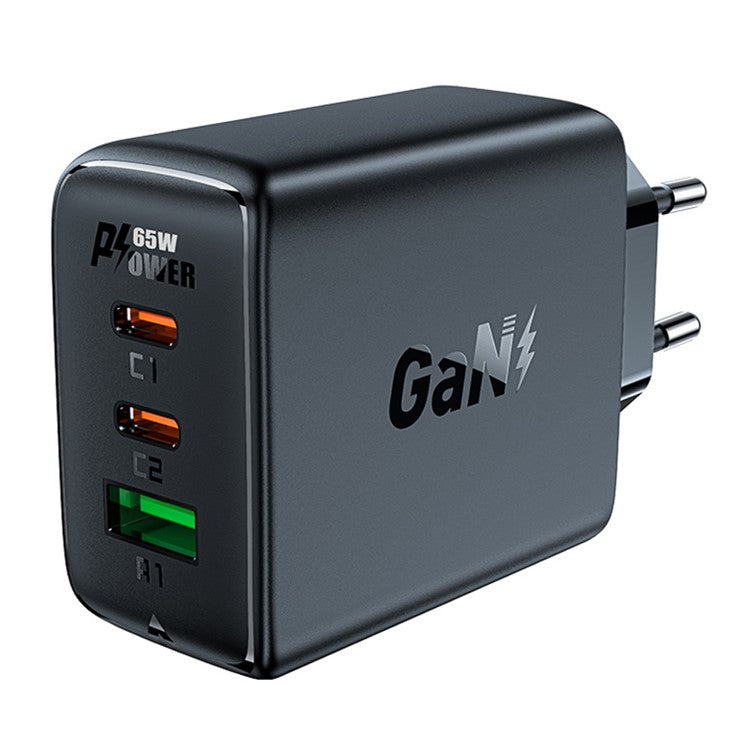 ACEFAST A41 PD 65W GaN Wall Charger 2 Type-C + 1 USB-A Phone Charging Adapter, EU Plug - Black