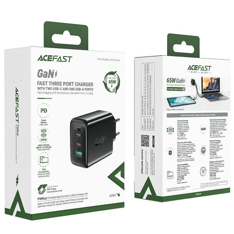 ACEFAST A41 PD 65W GaN Wall Charger 2 Type-C + 1 USB-A Phone Charging Adapter, EU Plug - Black