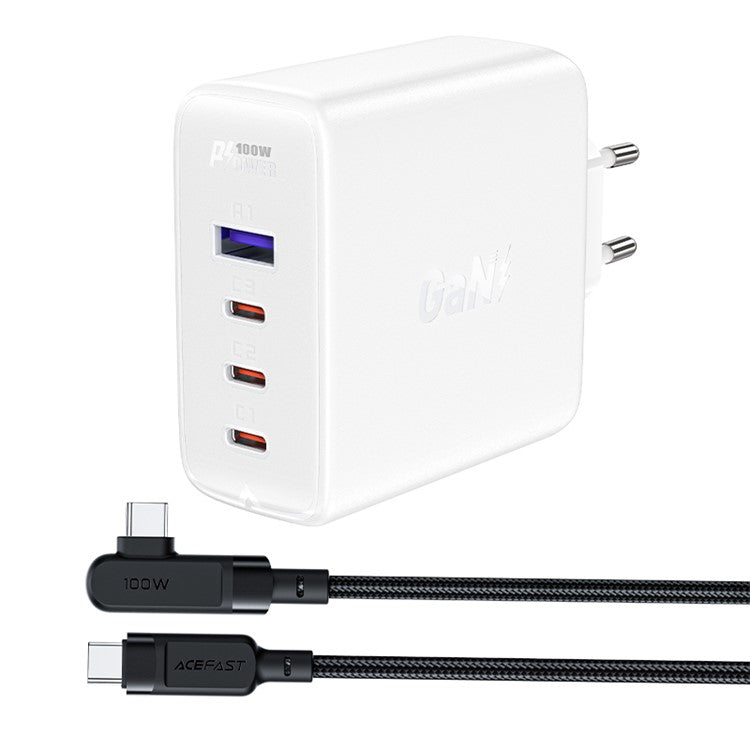 ACEFAST A37 PD 100W GaN Wall Charger 3 Type-C + 1 USB-A Charging Adapter with Type-C to Type-C Cable, EU Plug - White