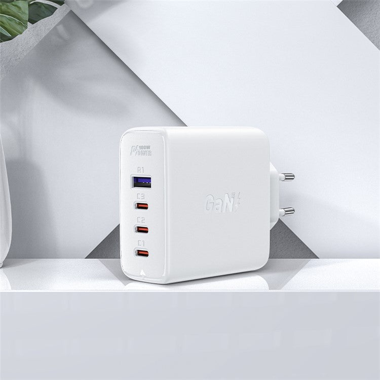 ACEFAST A37 PD 100W GaN Wall Charger 3 Type-C + 1 USB-A Charging Adapter with Type-C to Type-C Cable, EU Plug - White
