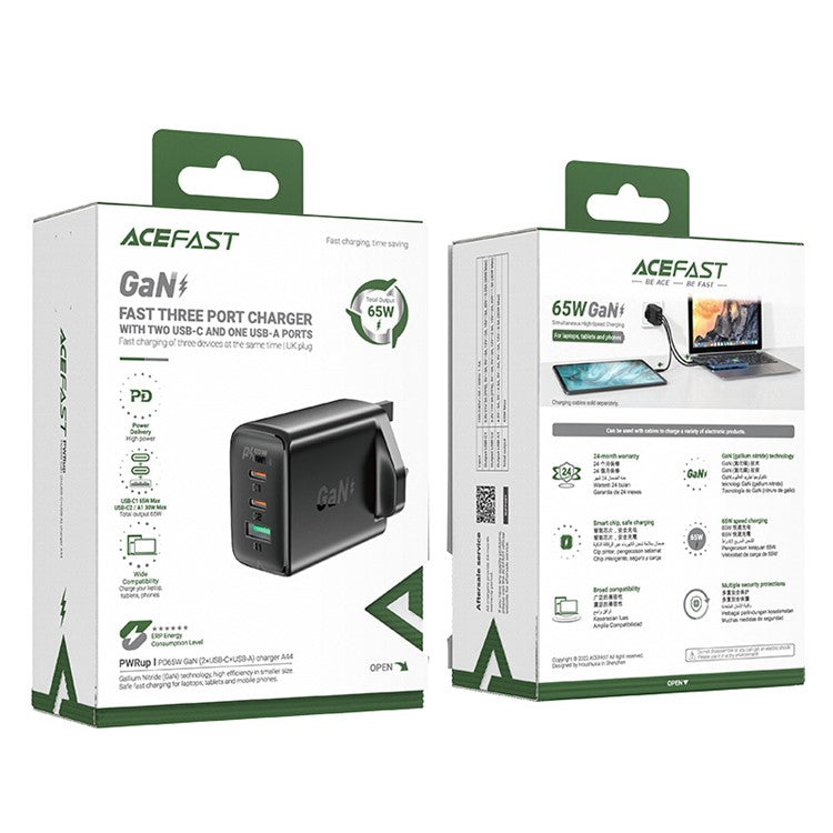 ACEFAST A44 PD 65W Wall Charger 2 Type-C + 1 USB-A GaN Phone Charging Adapter, UK Plug - Black