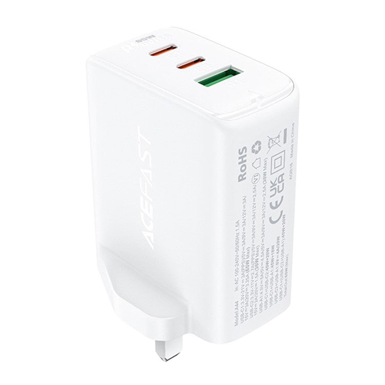 ACEFAST A44 PD 65W Wall Charger 2 Type-C + 1 USB-A GaN Phone Charging Adapter, UK Plug - White