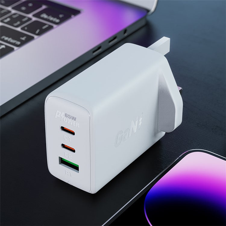 ACEFAST A44 PD 65W Wall Charger 2 Type-C + 1 USB-A GaN Phone Charging Adapter, UK Plug - White