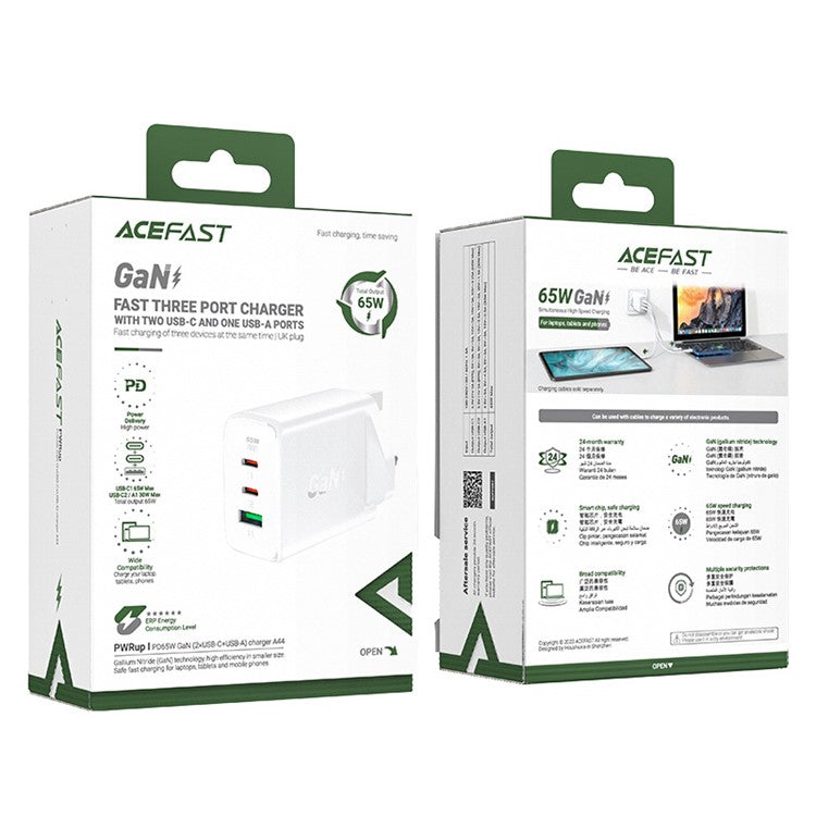 ACEFAST A44 PD 65W Wall Charger 2 Type-C + 1 USB-A GaN Phone Charging Adapter, UK Plug - White