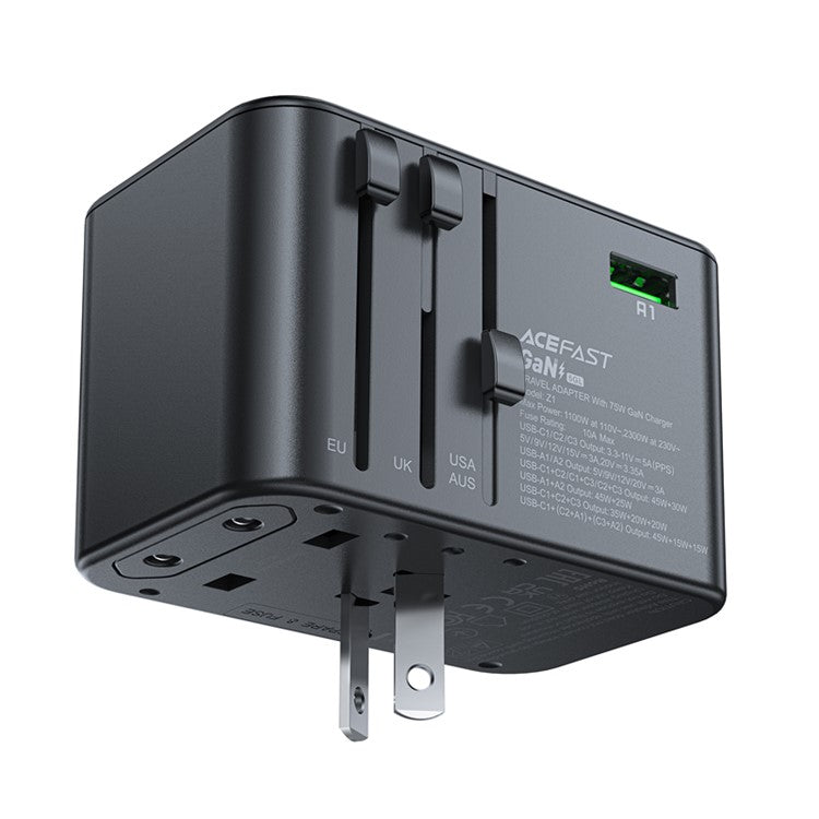 ACEFAST Z1 PD 75W Fast Charger 3 Type-C + 2 USB-A GaN Travel Power Socket with EU / UK / US / AU Plug