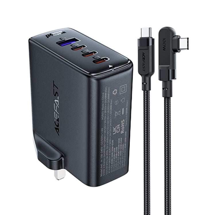 ACEFAST A40 PD 100W GaN Fast Charger 3 Type-C + 1 USB-A Charging Adapter with Charging Cable, UK Plug - Black