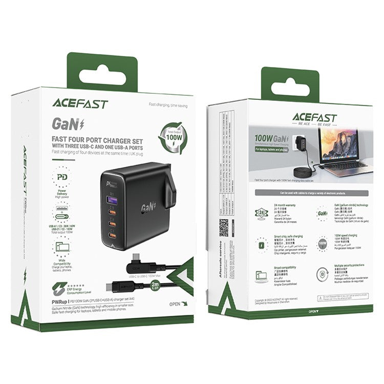 ACEFAST A40 PD 100W GaN Fast Charger 3 Type-C + 1 USB-A Charging Adapter with Charging Cable, UK Plug - Black