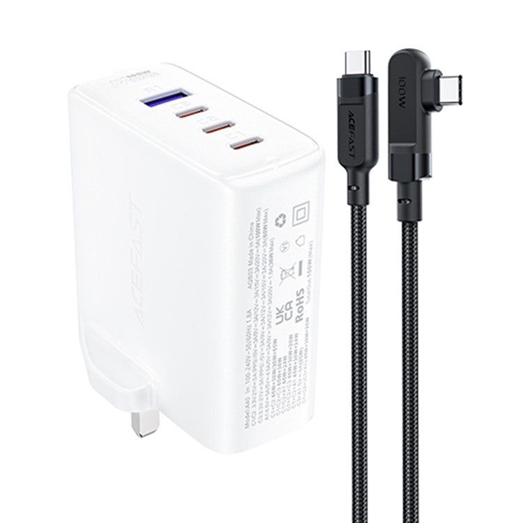 ACEFAST A40 PD 100W GaN Fast Charger 3 Type-C + 1 USB-A Charging Adapter with Charging Cable, UK Plug - White