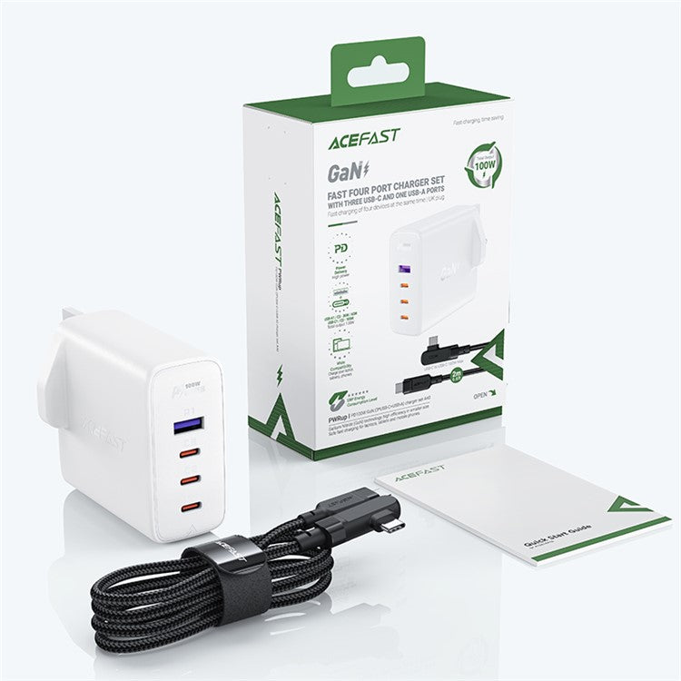 ACEFAST A40 PD 100W GaN Fast Charger 3 Type-C + 1 USB-A Charging Adapter with Charging Cable, UK Plug - White