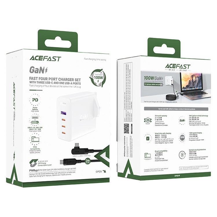 ACEFAST A40 PD 100W GaN Fast Charger 3 Type-C + 1 USB-A Charging Adapter with Charging Cable, UK Plug - White