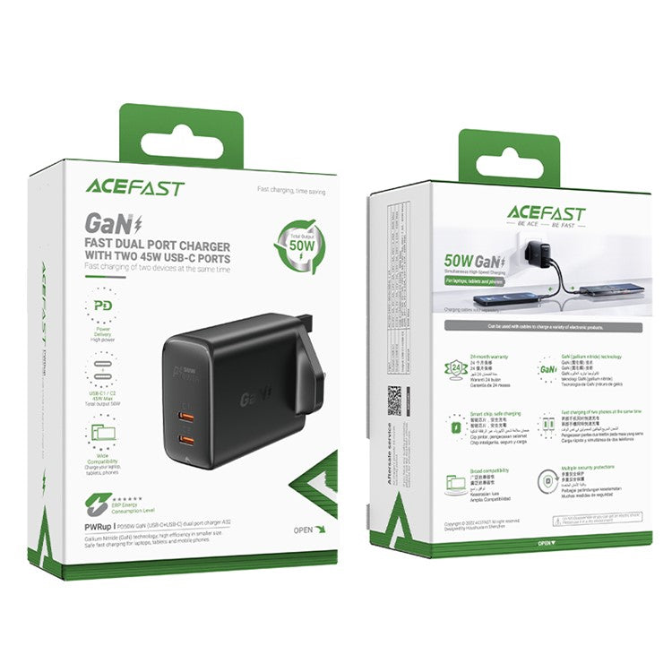 ACEFAST A32 PD 50W Fast Charging Block Dual Type-C Port GaN Wall Charger, UK Plug - Black