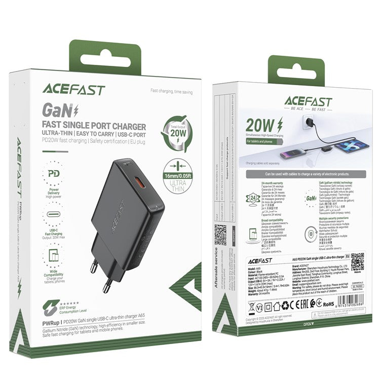 ACEFAST A65 GaN Tech PD 20W Fast Charger Type-C Ports Wall Charger Power Adapter - EU Plug
