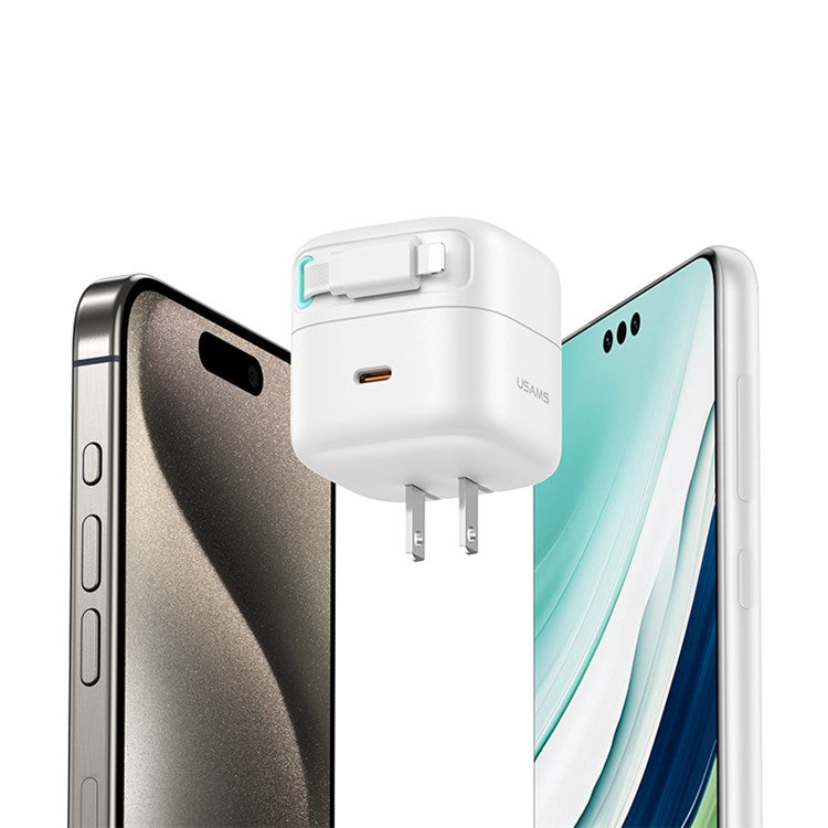 USAMS US-CC210 XMF Series PD 35W Dual Output GaN Fast Charger with Retractable Cable Lightning Magnetic Module, US Plug - White