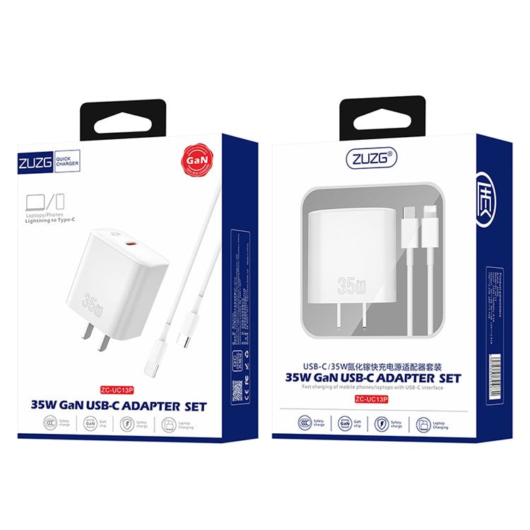 ZUZG-UC13P 35W GaN USB-C Adapter Set Fast Charger with Type-C to iP Cable for iPhone Android