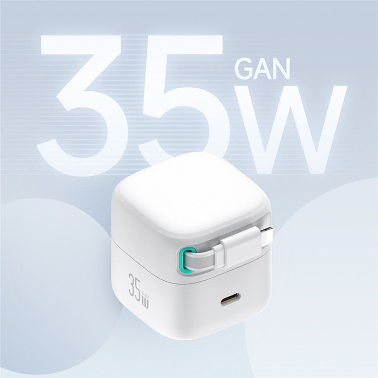 USAMS US-CC205 PD 35W GaN Fast Charger Dual USB-C Port Power Adapter with Magnetic Retractable Type-C Cable - White / CN Standard Plug