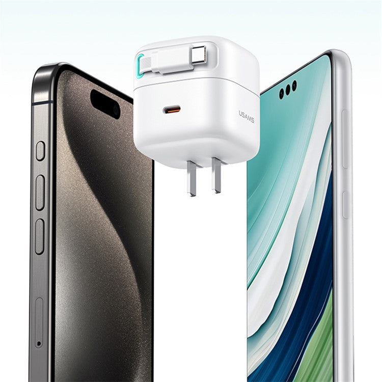 USAMS US-CC205 PD 35W GaN Fast Charger Dual USB-C Port Power Adapter with Magnetic Retractable Type-C Cable - White / CN Standard Plug