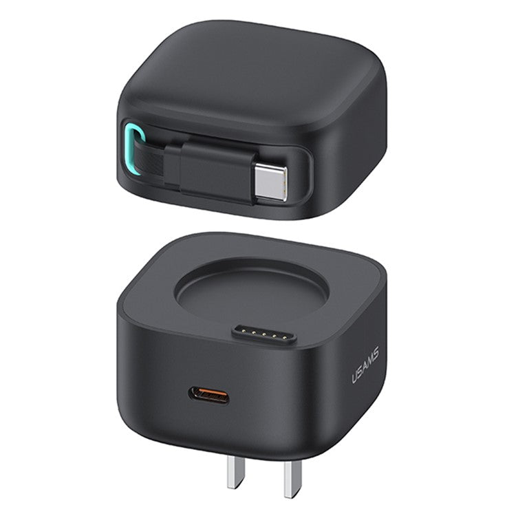 USAMS US-CC205 PD 35W GaN Fast Charger Dual USB-C Port Power Adapter with Magnetic Retractable Type-C Cable - Black / CN Standard Plug