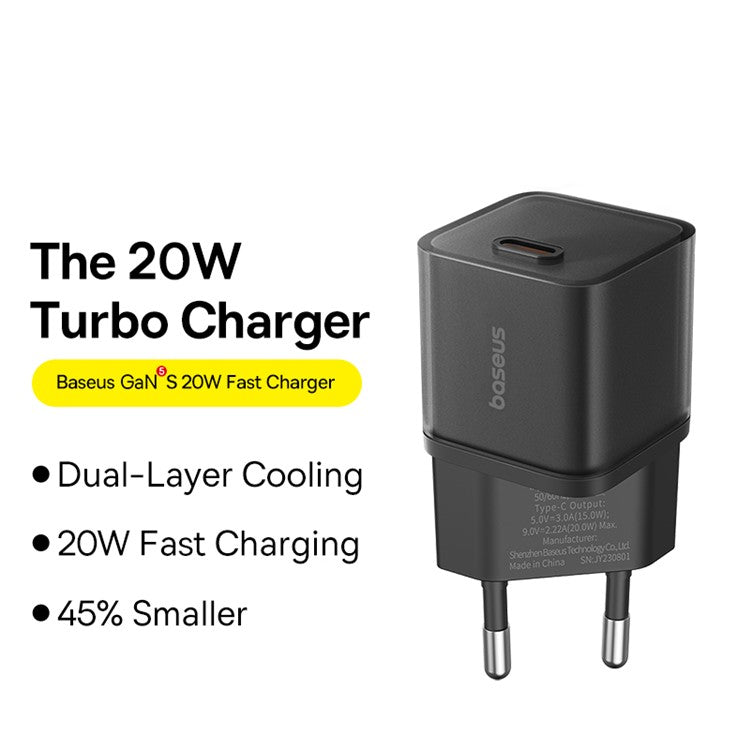 BASEUS GaN5S 20W Type-C Single Port Fast Charger Power Adapter EU Plug - Black
