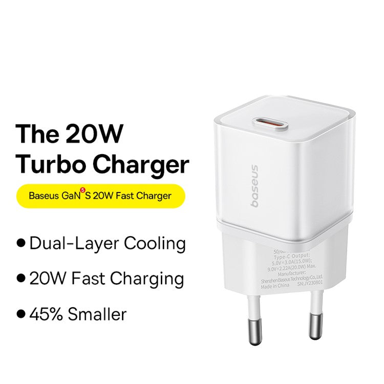 BASEUS GaN5S 20W Type-C Single Port Fast Charger Power Adapter EU Plug - White