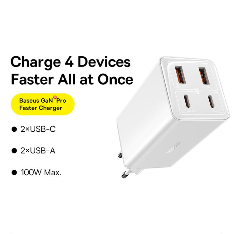BASEUS GaN6 Pro Fast Charger 2 Type-C +2 USB 100W EU Plug Wall Adapter - White