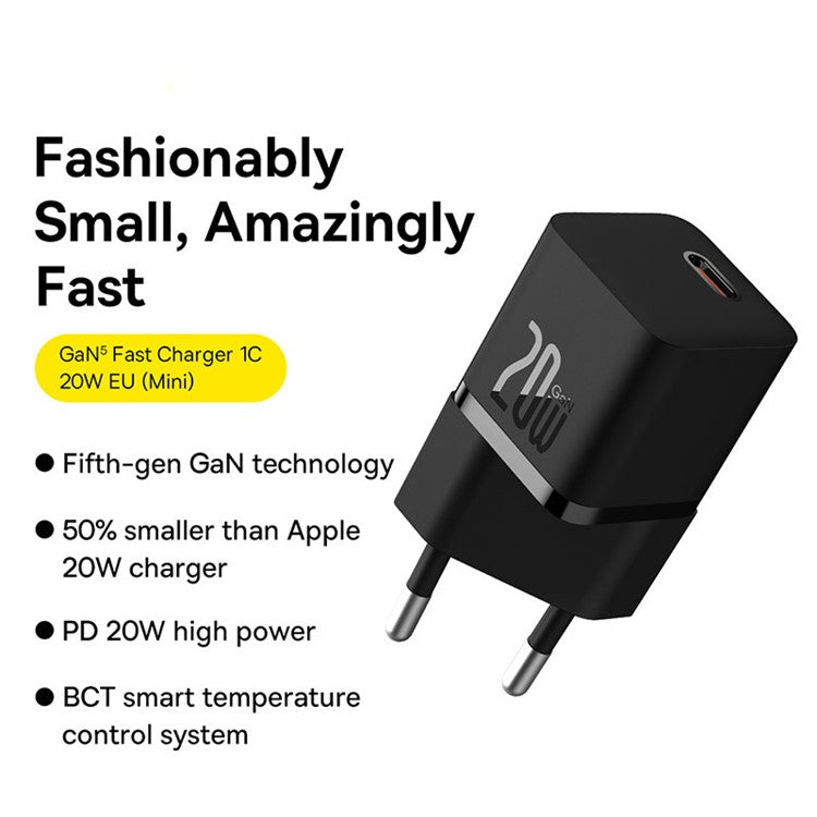 BASEUS CCGAN20E5-M GaN5 Fast Charger Mini Type-C 20W Wall Charger Adapter, EU Plug - Black