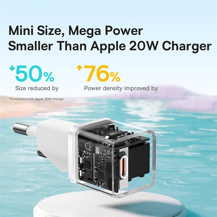 BASEUS CCGAN20E5-M GaN5 Fast Charger Mini Type-C 20W Wall Charger Adapter, EU Plug - White