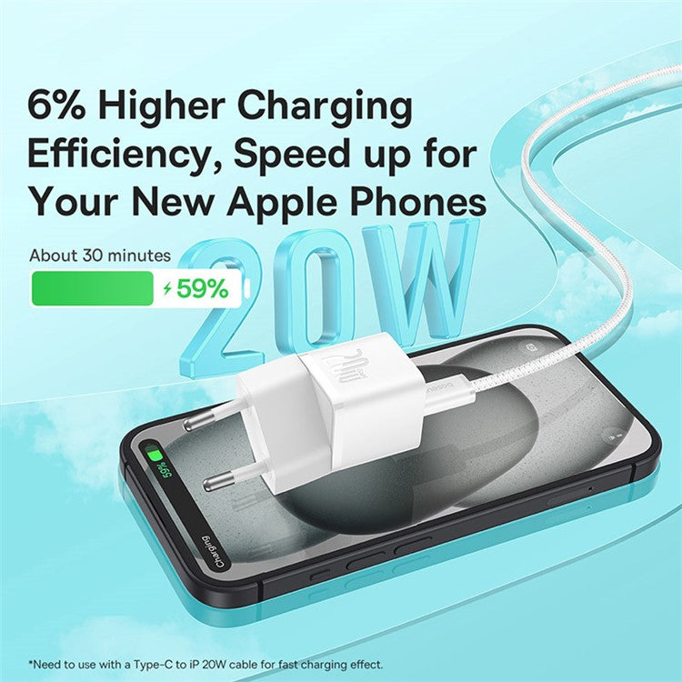 BASEUS CCGAN20E5-M GaN5 Fast Charger Mini Type-C 20W Wall Charger Adapter, EU Plug - White