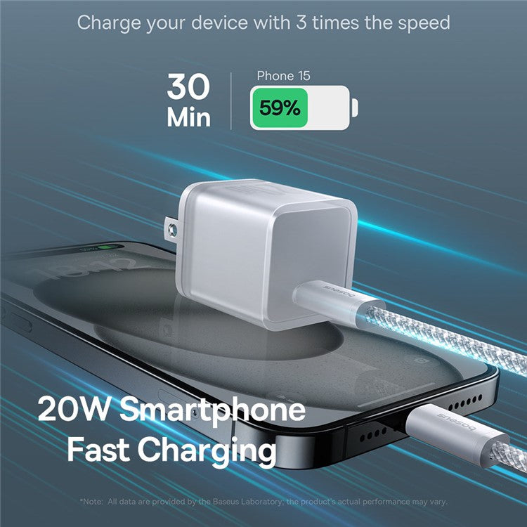 BASEUS GaN5S CCGAN20C5-S Type-C PD 20W Fast Charger US Plug Adapter with Type-C to Type-C Cable - White