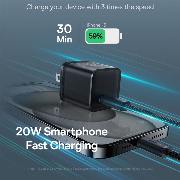 BASEUS GaN5S CCGAN20C5-S PD 20W Type-C Fast Charger US Plug Adapter with Type-C to Type-C Cable - Black