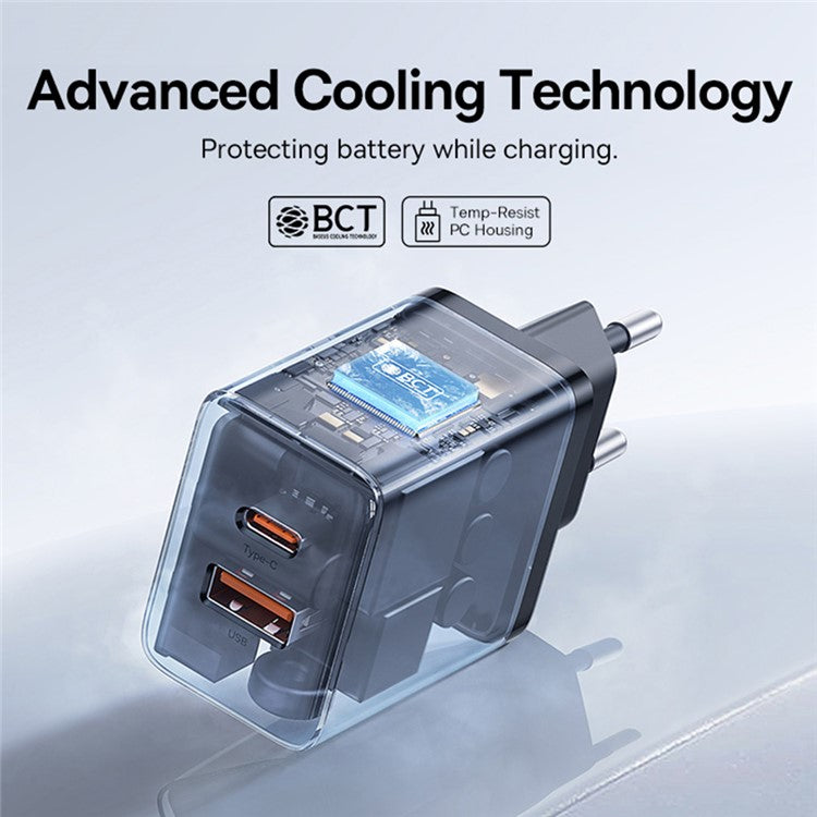 BASEUS Cube Fast Charger Type-C+USB Dual Port 30W Charging Adapter, EU Plug - Black
