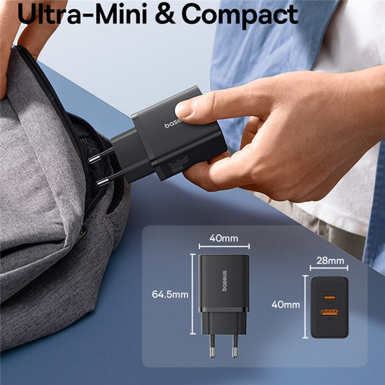 BASEUS Cube Fast Charger Type-C+USB Dual Port 30W Charging Adapter, EU Plug - Black