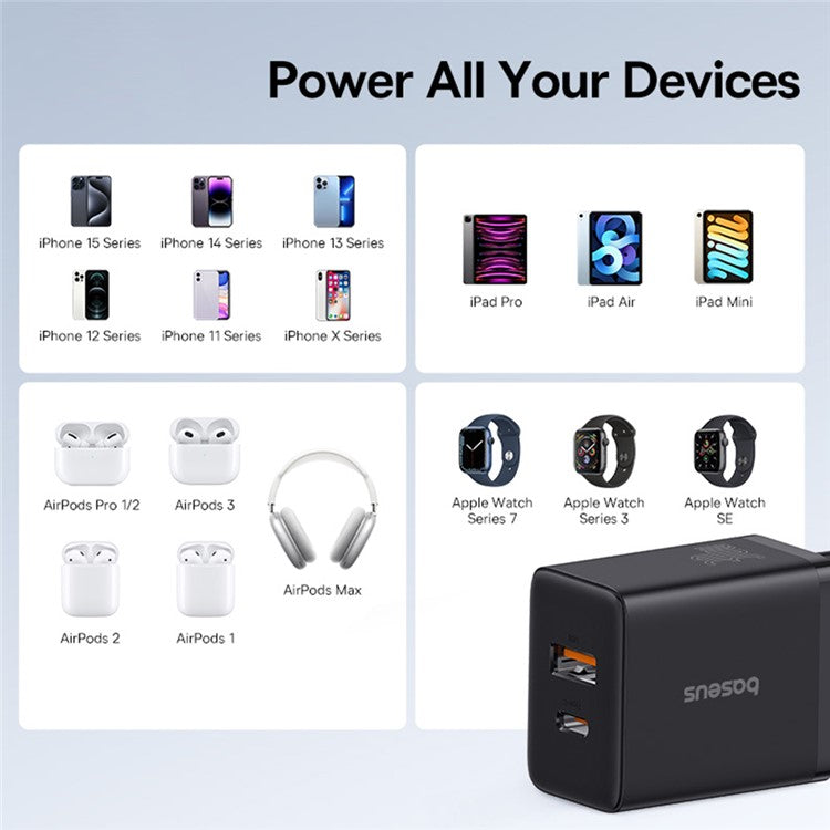 BASEUS Cube Fast Charger Type-C+USB Dual Port 30W Charging Adapter, EU Plug - Black