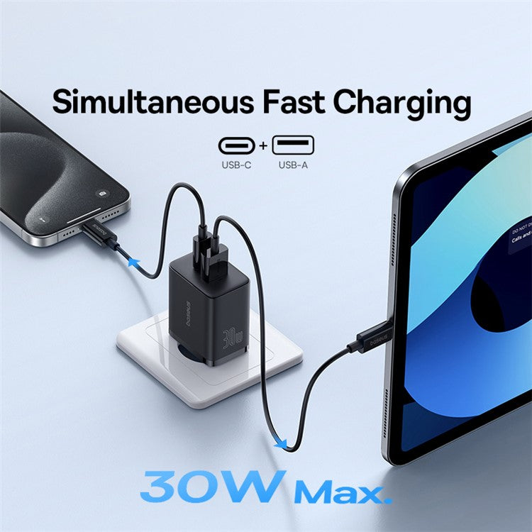 BASEUS Cube Fast Charger Type-C+USB Dual Port 30W Charging Adapter, EU Plug - Black