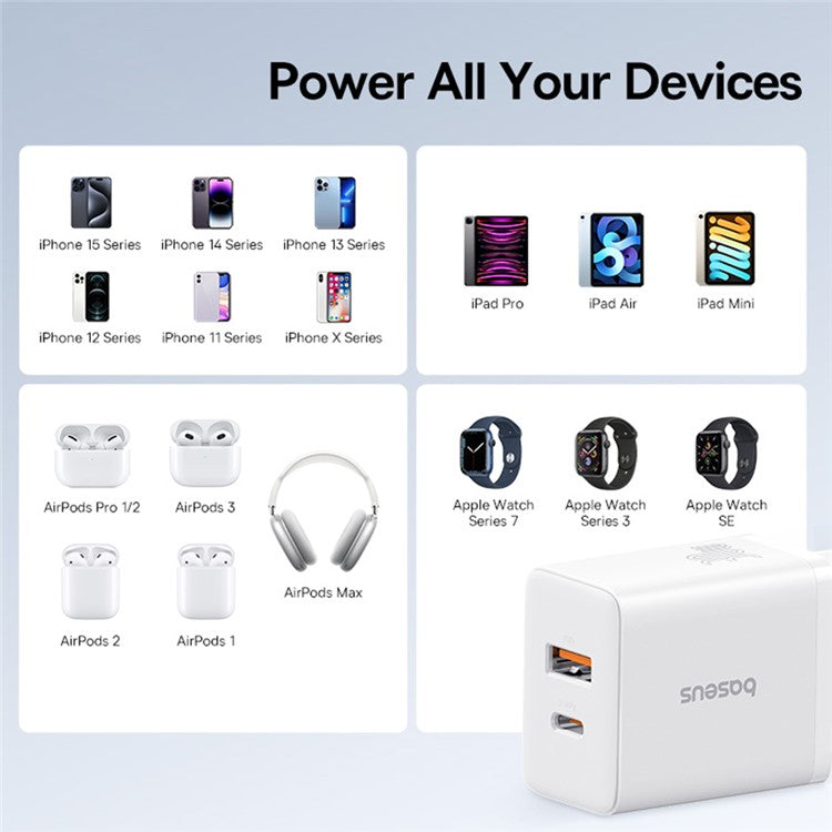 BASEUS Cube Fast Charger Type-C+USB Dual Port 30W Charging Adapter, EU Plug - White