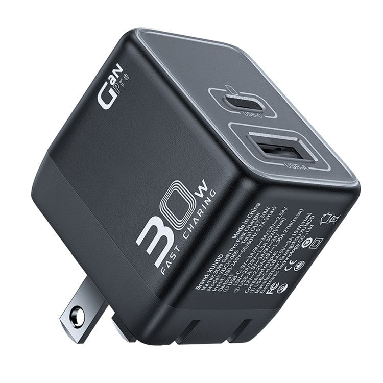 XUNDD XDCH-065 Type-C+USB-A 30W Fast Charging Block Portable GaN Power Adapter - US Plug
