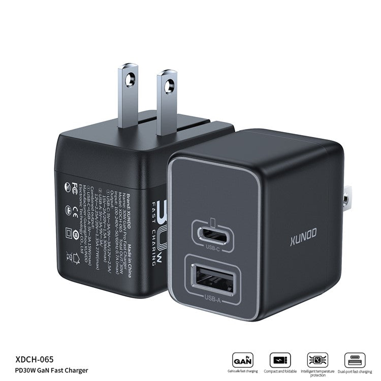 XUNDD XDCH-065 Type-C+USB-A 30W Fast Charging Block Portable GaN Power Adapter - US Plug