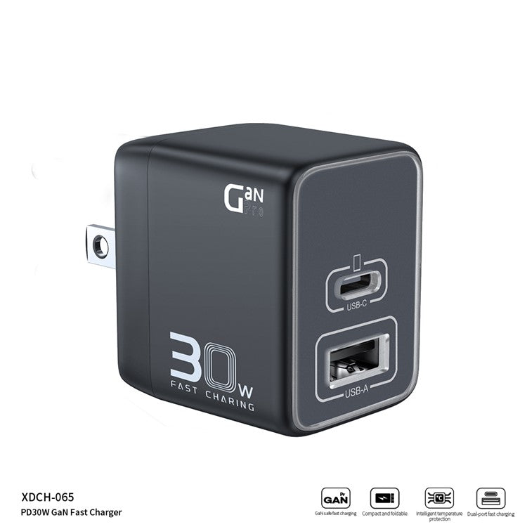 XUNDD XDCH-065 Type-C+USB-A 30W Fast Charging Block Portable GaN Power Adapter - US Plug