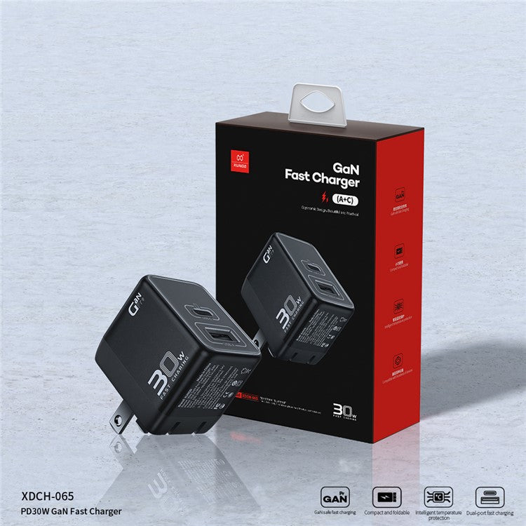 XUNDD XDCH-065 Type-C+USB-A 30W Fast Charging Block Portable GaN Power Adapter - US Plug