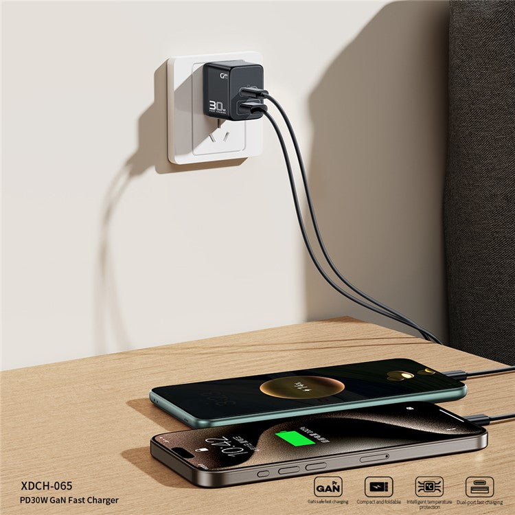XUNDD XDCH-065 Type-C+USB-A 30W Fast Charging Block Portable GaN Power Adapter - US Plug