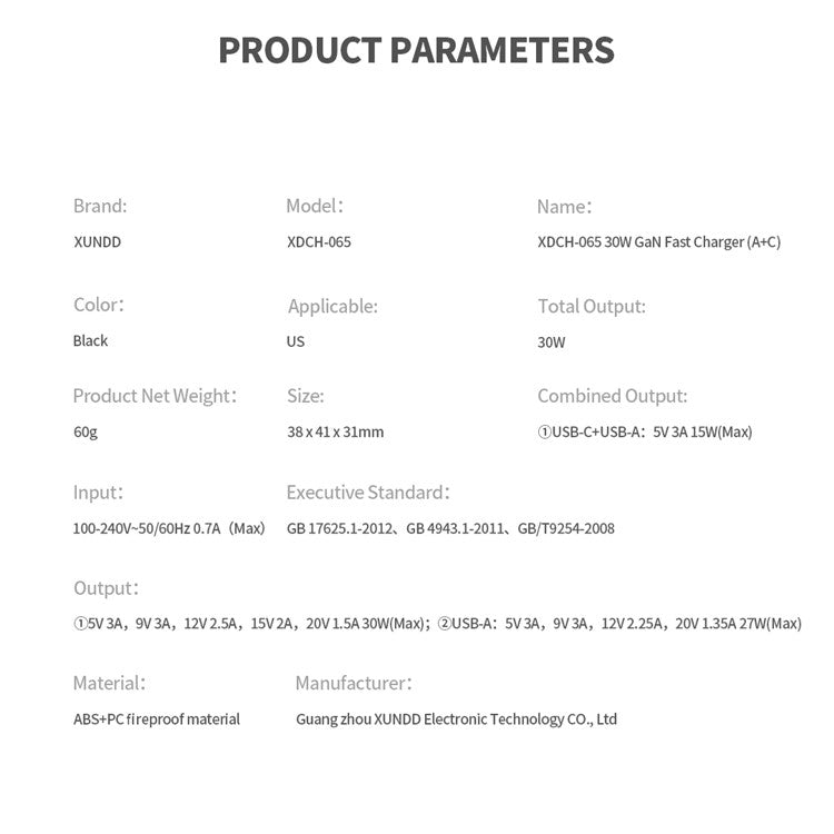 XUNDD XDCH-065 Type-C+USB-A 30W Fast Charging Block Portable GaN Power Adapter - US Plug
