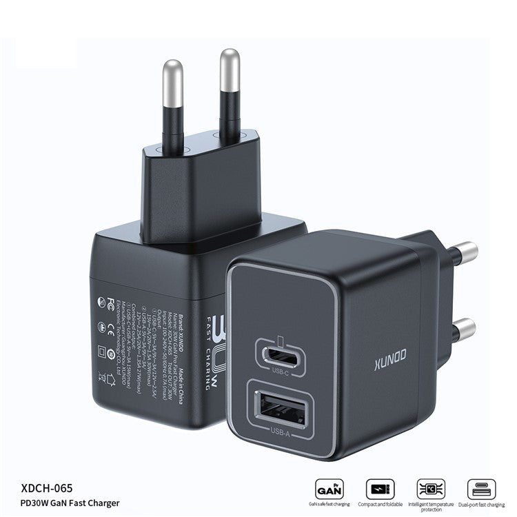 XUNDD XDCH-065 Type-C+USB-A 30W Fast Charging Block Portable GaN Power Adapter - EU Plug