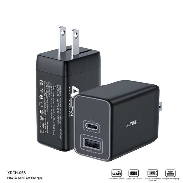 XUNDD XDCH-065 GaN Power Adapter Type-C+USB-A Dual Port 45W Fast Charging Block - US Plug