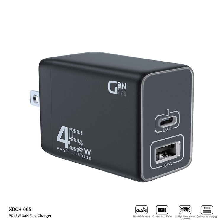 XUNDD XDCH-065 GaN Power Adapter Type-C+USB-A Dual Port 45W Fast Charging Block - US Plug