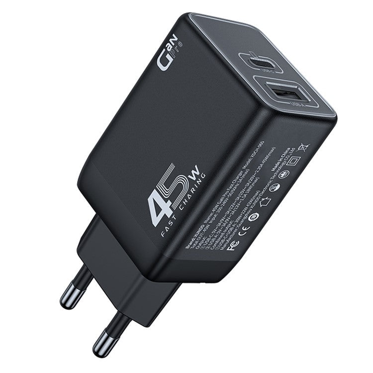 XUNDD XDCH-065 GaN Power Adapter Type-C+USB-A Dual Port 45W Fast Charging Block - EU Plug