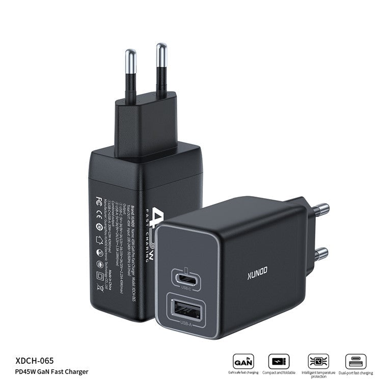 XUNDD XDCH-065 GaN Power Adapter Type-C+USB-A Dual Port 45W Fast Charging Block - EU Plug