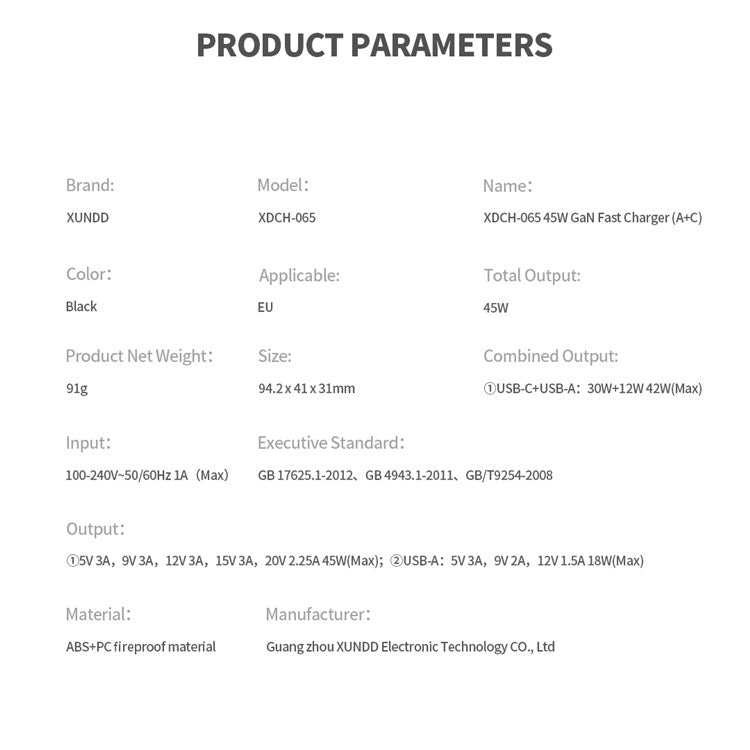 XUNDD XDCH-065 GaN Power Adapter Type-C+USB-A Dual Port 45W Fast Charging Block - EU Plug