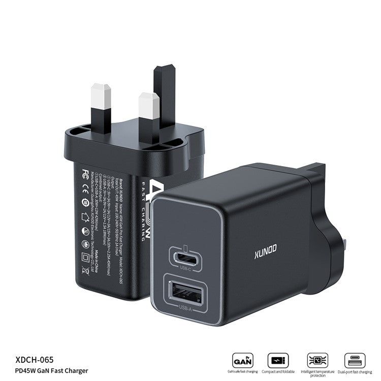 XUNDD XDCH-065 GaN Power Adapter Type-C+USB-A Dual Port 45W Fast Charging Block - UK Plug