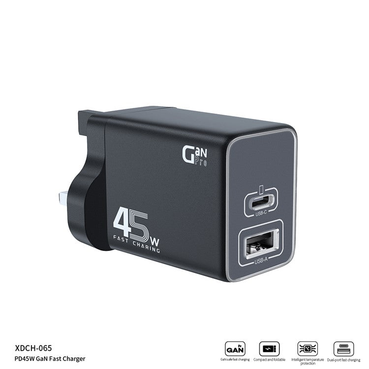 XUNDD XDCH-065 GaN Power Adapter Type-C+USB-A Dual Port 45W Fast Charging Block - UK Plug