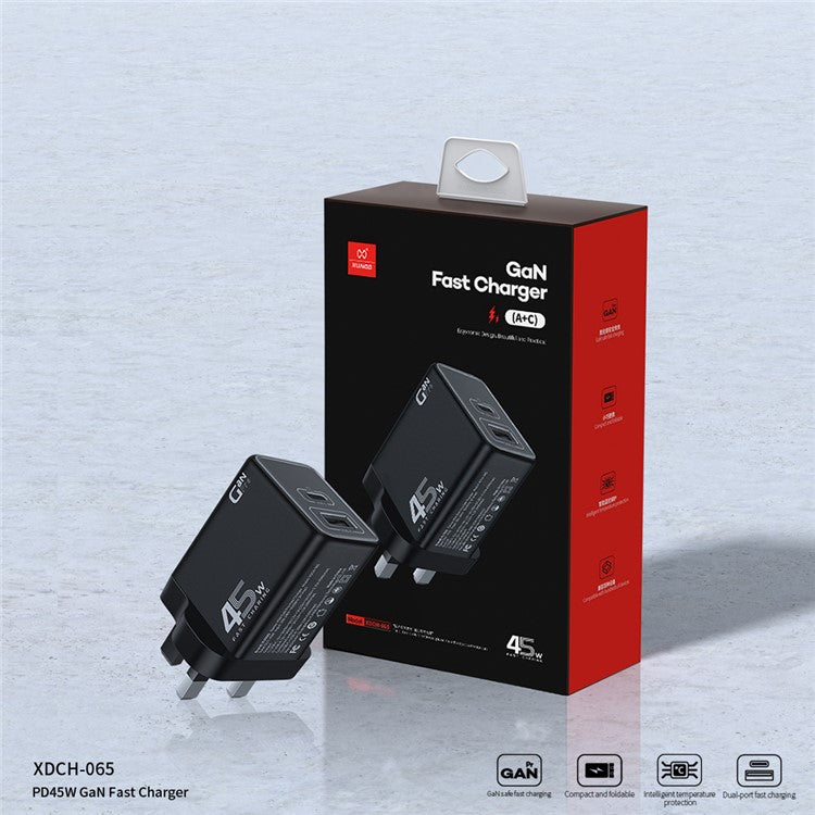 XUNDD XDCH-065 GaN Power Adapter Type-C+USB-A Dual Port 45W Fast Charging Block - UK Plug